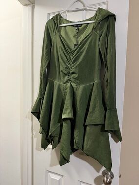 Current Mood Emerald Green Hooded Ruched Waist Handkerchief Hem Dress XL NWT
